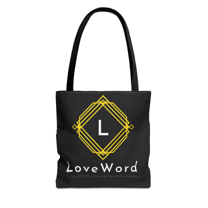 LoveWord Black Logo Tote Bag — Gold Geometric Monogram AOP Tote