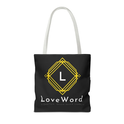 LoveWord Black Logo Tote Bag — Gold Geometric Monogram AOP Tote