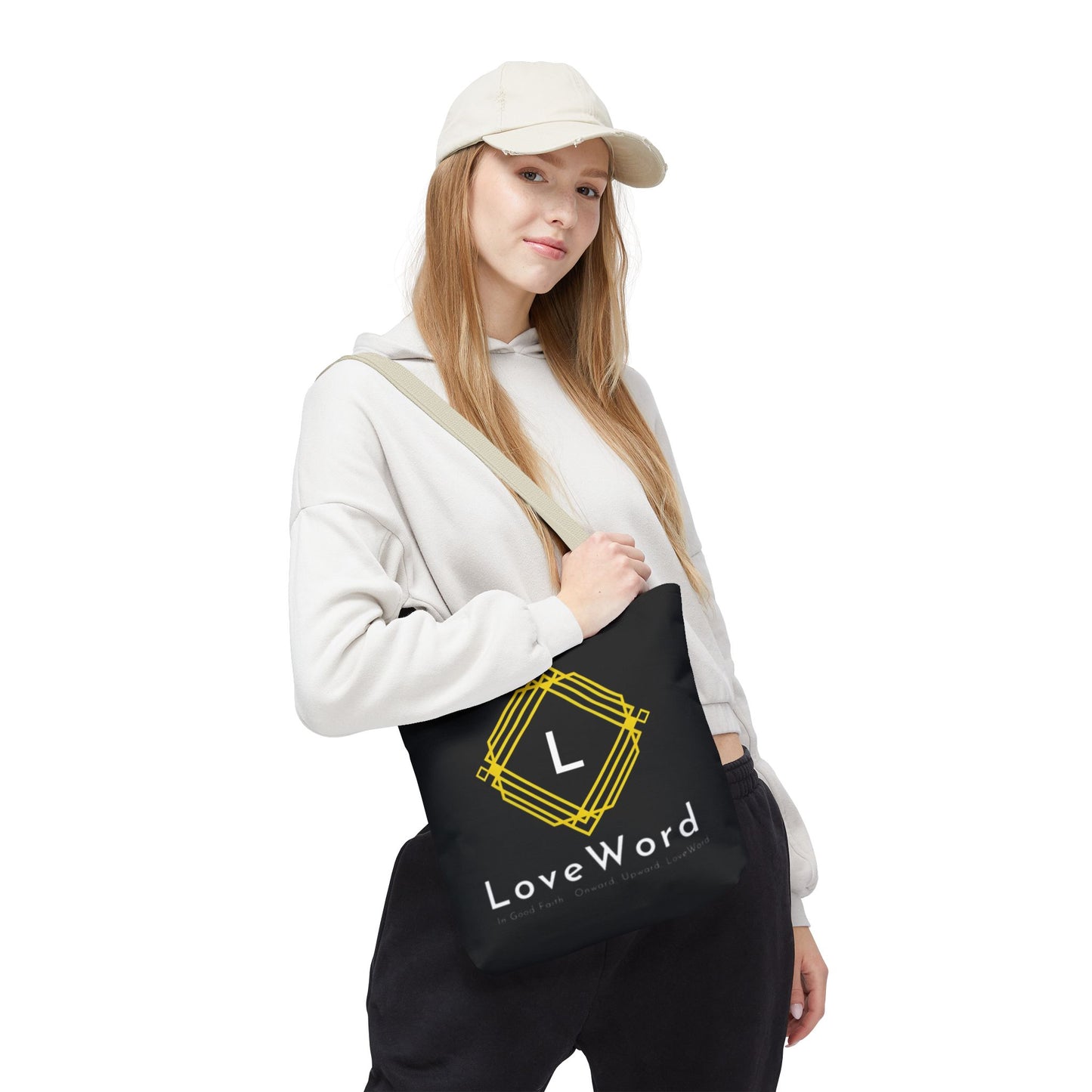 LoveWord Black Logo Tote Bag — Gold Geometric Monogram AOP Tote