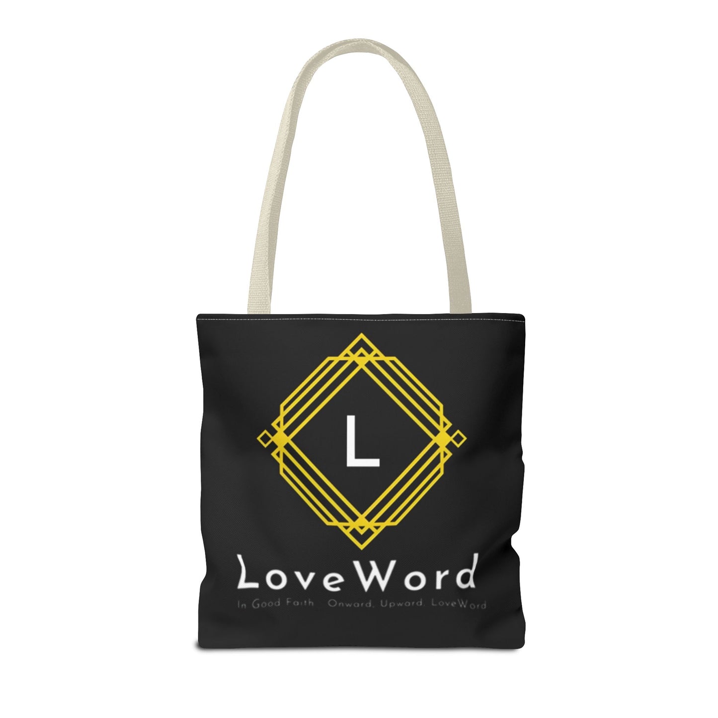 LoveWord Black Logo Tote Bag — Gold Geometric Monogram AOP Tote