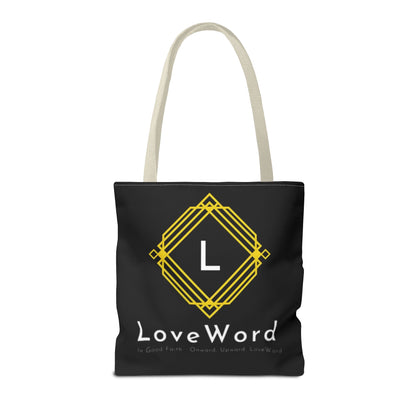 LoveWord Black Logo Tote Bag — Gold Geometric Monogram AOP Tote