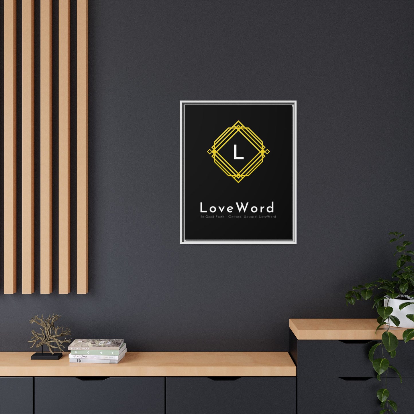 Framed Matte Canvas Art – LoveWord Gold Emblem on Black