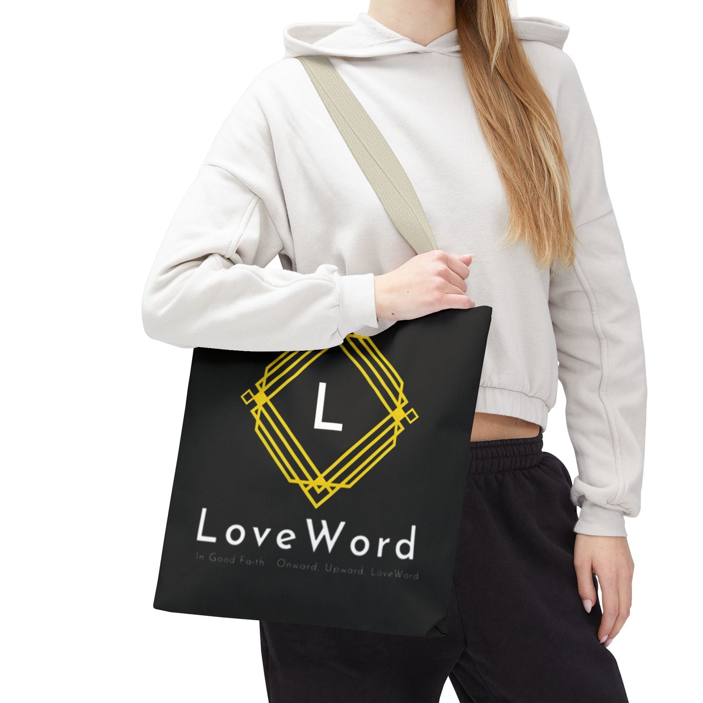 LoveWord Black Logo Tote Bag — Gold Geometric Monogram AOP Tote