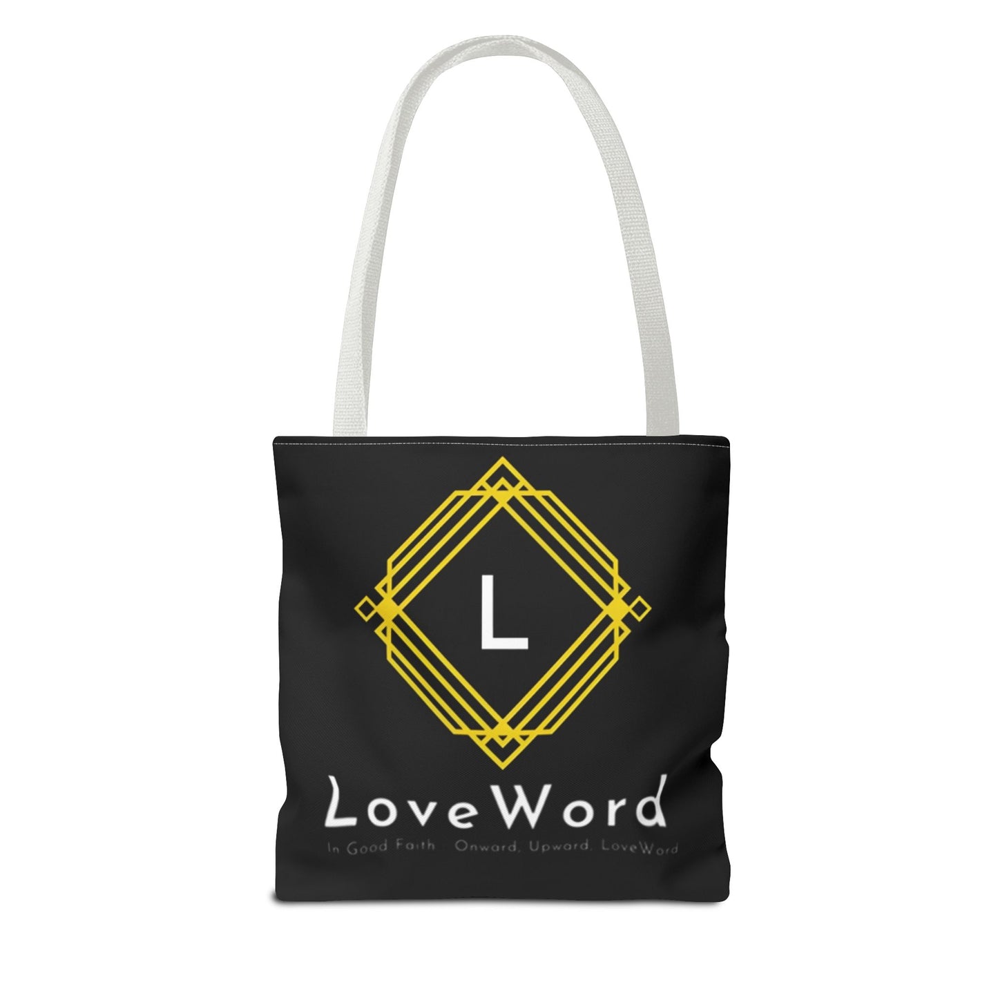 LoveWord Black Logo Tote Bag — Gold Geometric Monogram AOP Tote
