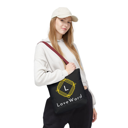 LoveWord Black Logo Tote Bag — Gold Geometric Monogram AOP Tote