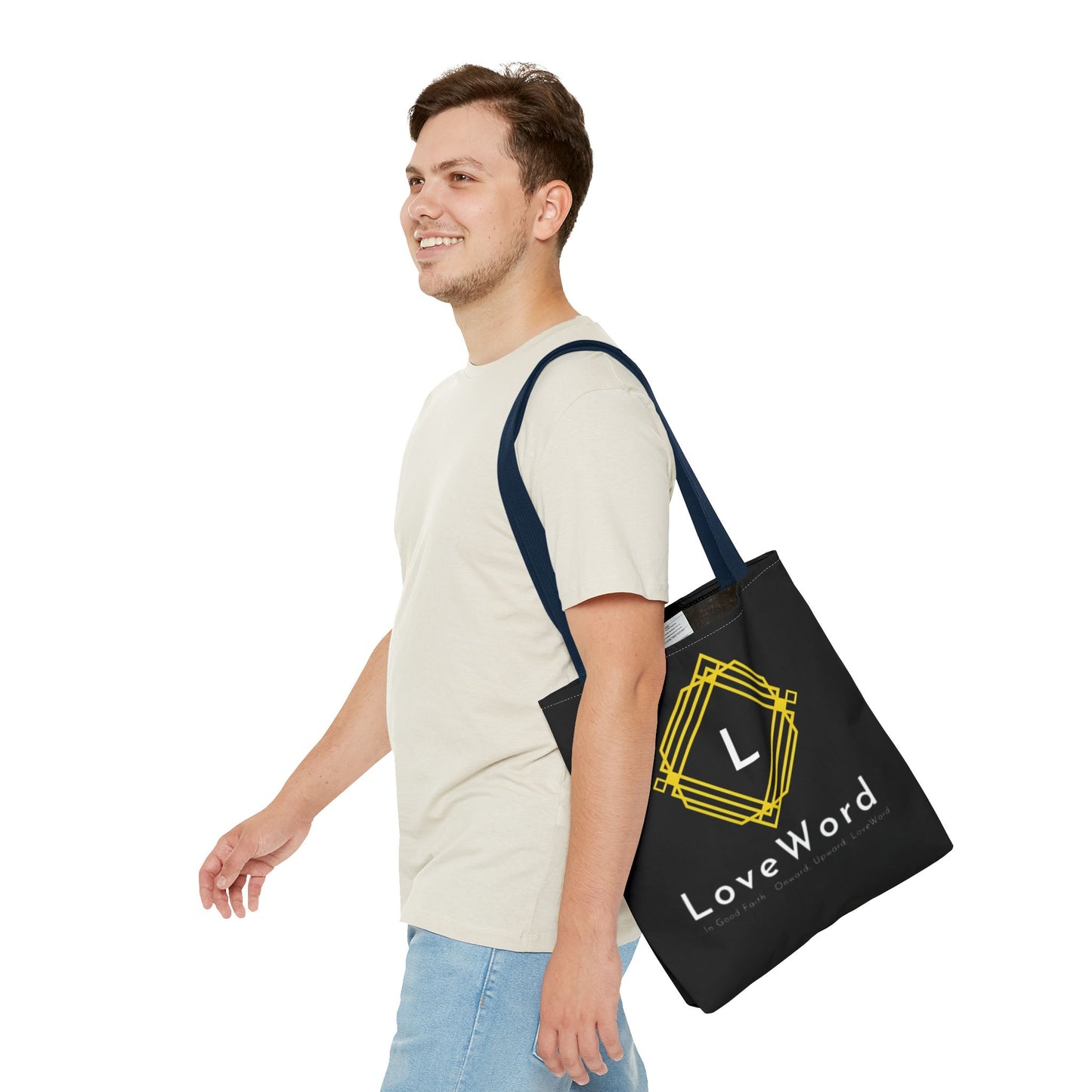 LoveWord Black Logo Tote Bag — Gold Geometric Monogram AOP Tote