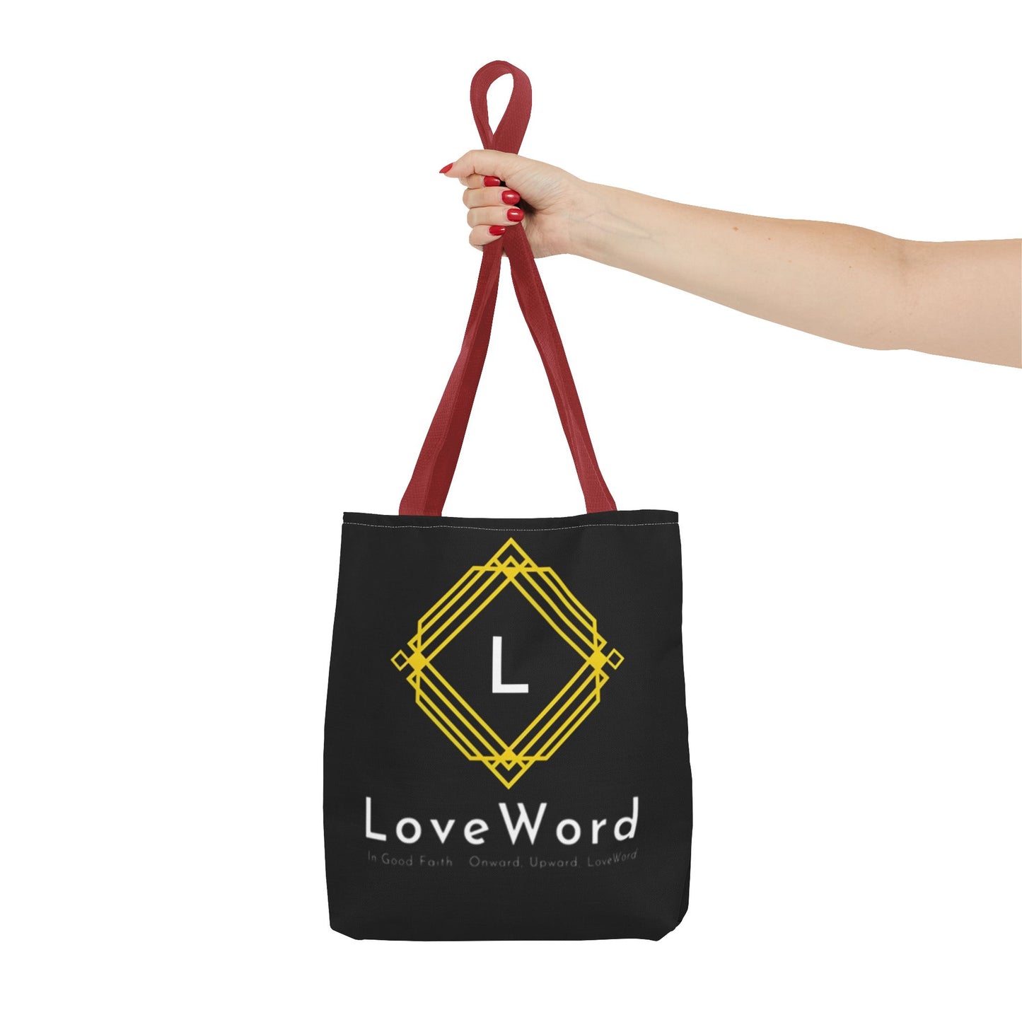 LoveWord Black Logo Tote Bag — Gold Geometric Monogram AOP Tote