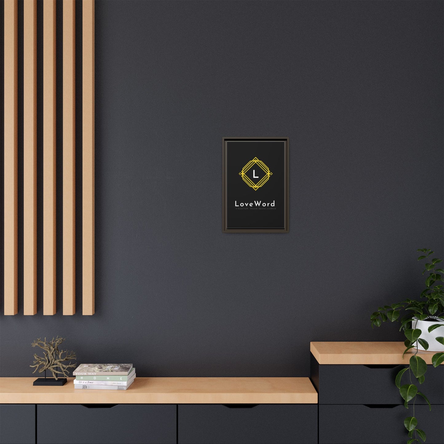 Framed Matte Canvas Art – LoveWord Gold Emblem on Black