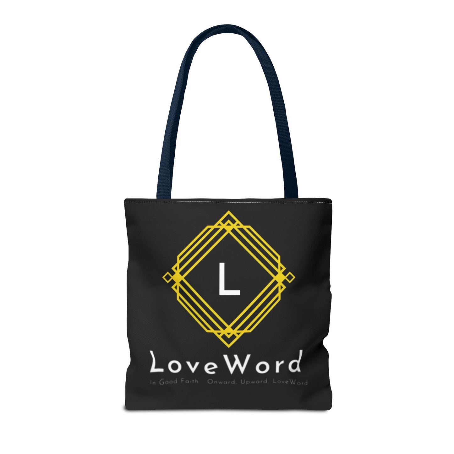 LoveWord Black Logo Tote Bag — Gold Geometric Monogram AOP Tote