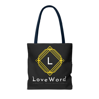 LoveWord Black Logo Tote Bag — Gold Geometric Monogram AOP Tote