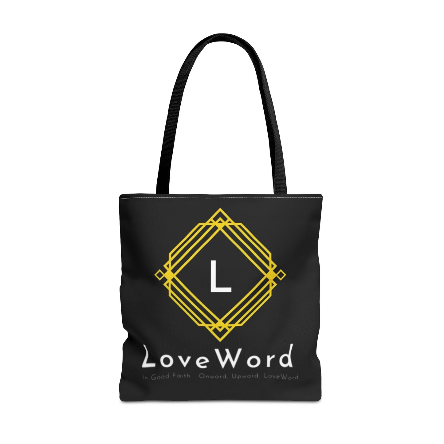 LoveWord Black Logo Tote Bag — Gold Geometric Monogram AOP Tote