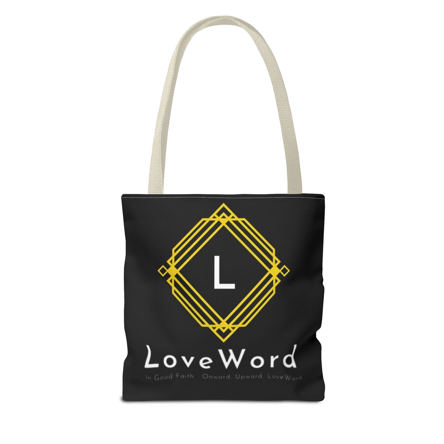 LoveWord Black Logo Tote Bag — Gold Geometric Monogram AOP Tote