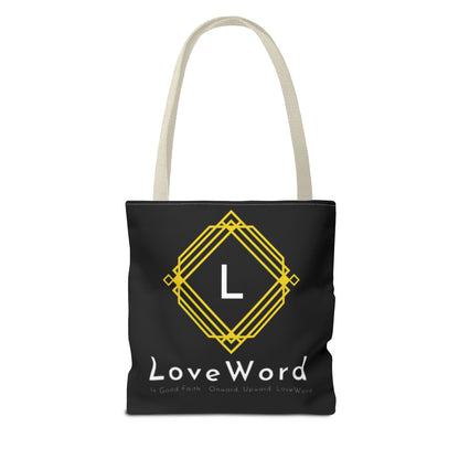 LoveWord Black Logo Tote Bag — Gold Geometric Monogram AOP Tote