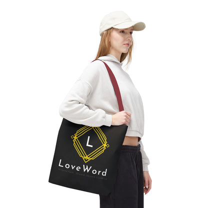 LoveWord Black Logo Tote Bag — Gold Geometric Monogram AOP Tote