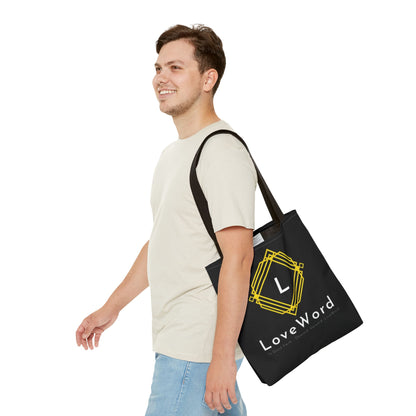 LoveWord Black Logo Tote Bag — Gold Geometric Monogram AOP Tote