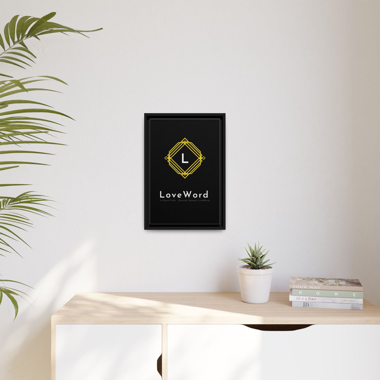 Framed Matte Canvas Art – LoveWord Gold Emblem on Black