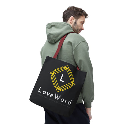 LoveWord Black Logo Tote Bag — Gold Geometric Monogram AOP Tote
