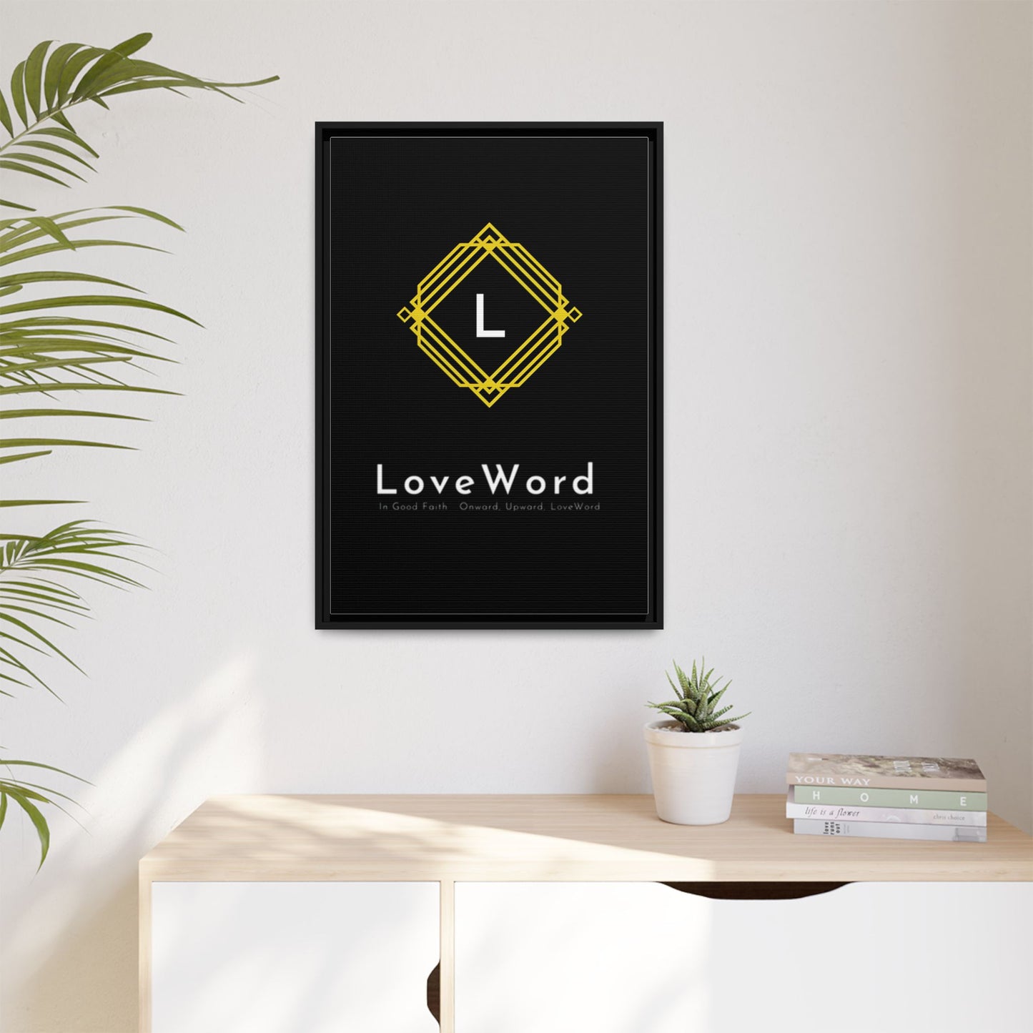 Framed Matte Canvas Art – LoveWord Gold Emblem on Black