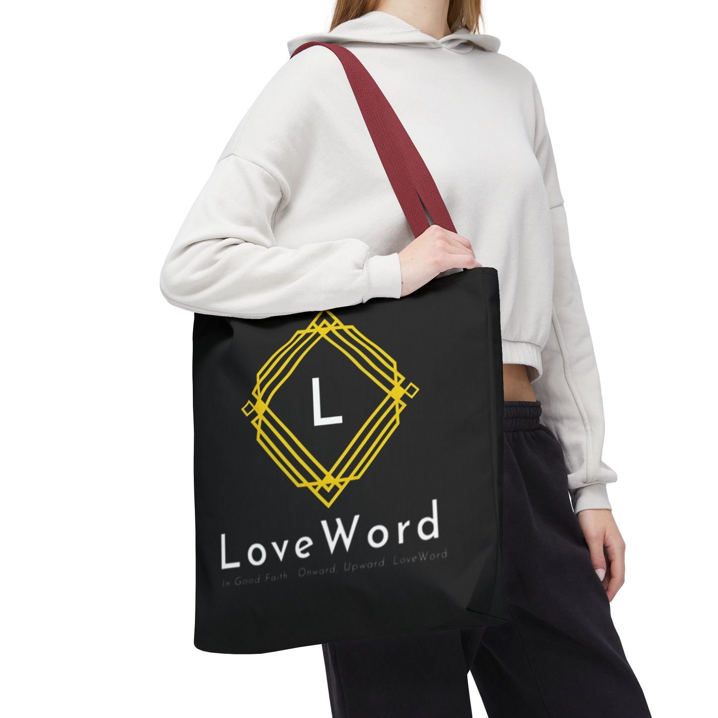 LoveWord Black Logo Tote Bag — Gold Geometric Monogram AOP Tote
