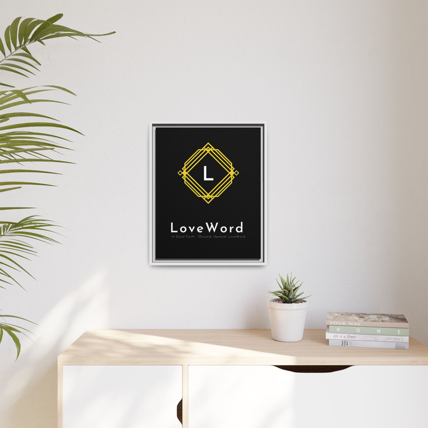 Framed Matte Canvas Art – LoveWord Gold Emblem on Black