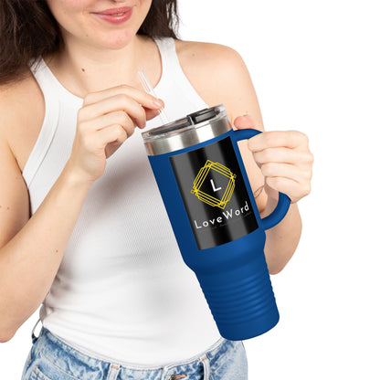 40oz Insulated Travel Mug with LoveWord Logo — Large Spill‑Resistant Tumbler with Straw & Handle