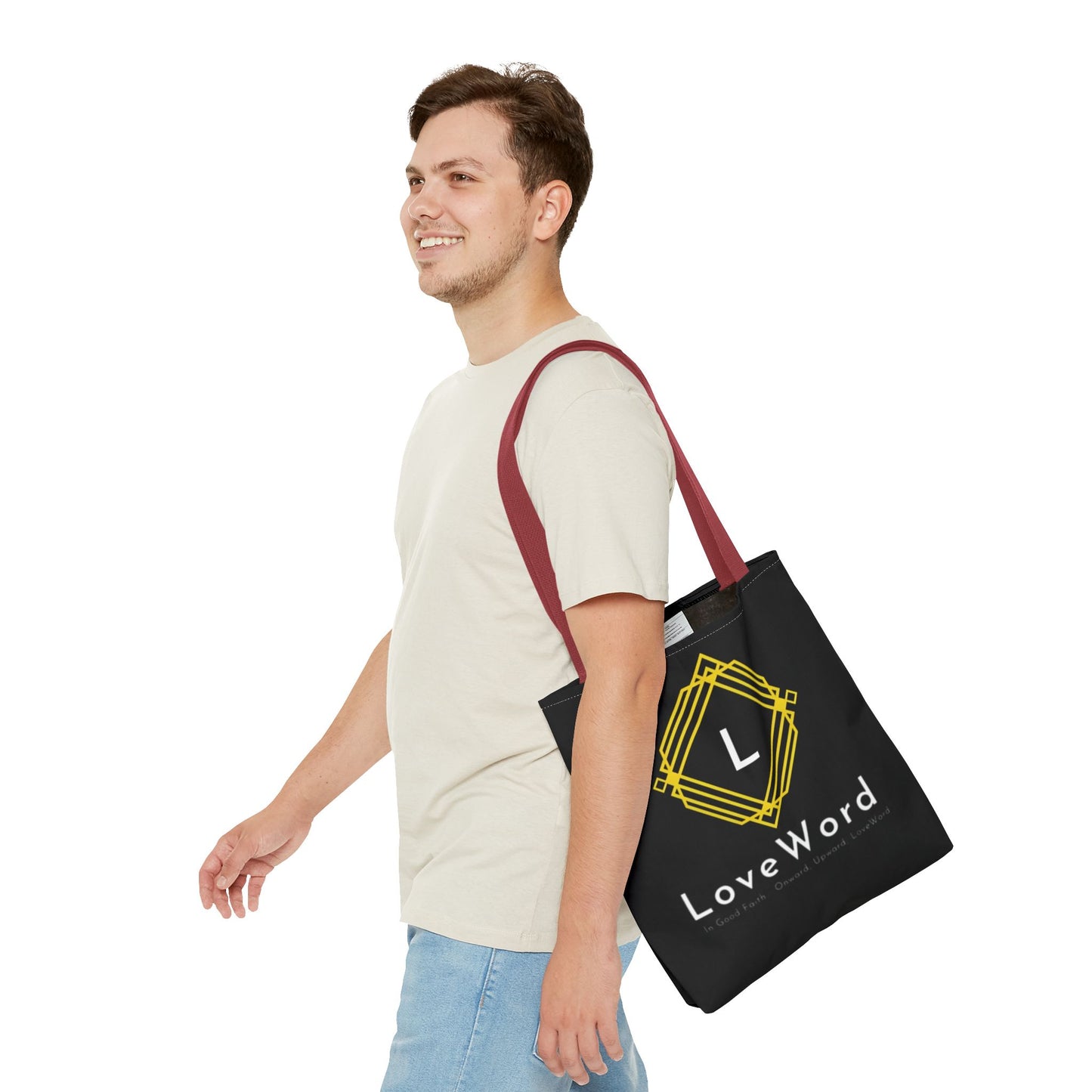 LoveWord Black Logo Tote Bag — Gold Geometric Monogram AOP Tote
