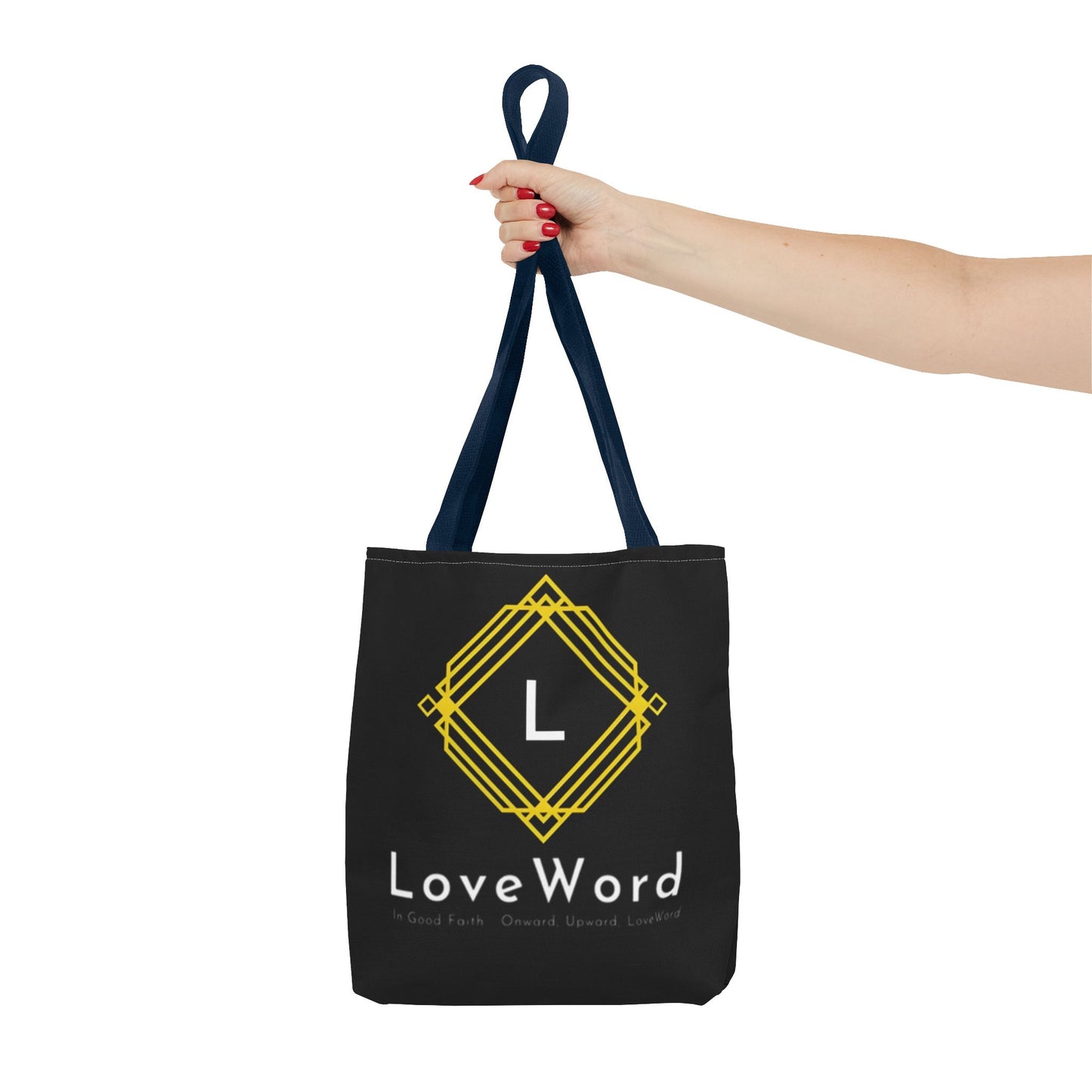 LoveWord Black Logo Tote Bag — Gold Geometric Monogram AOP Tote