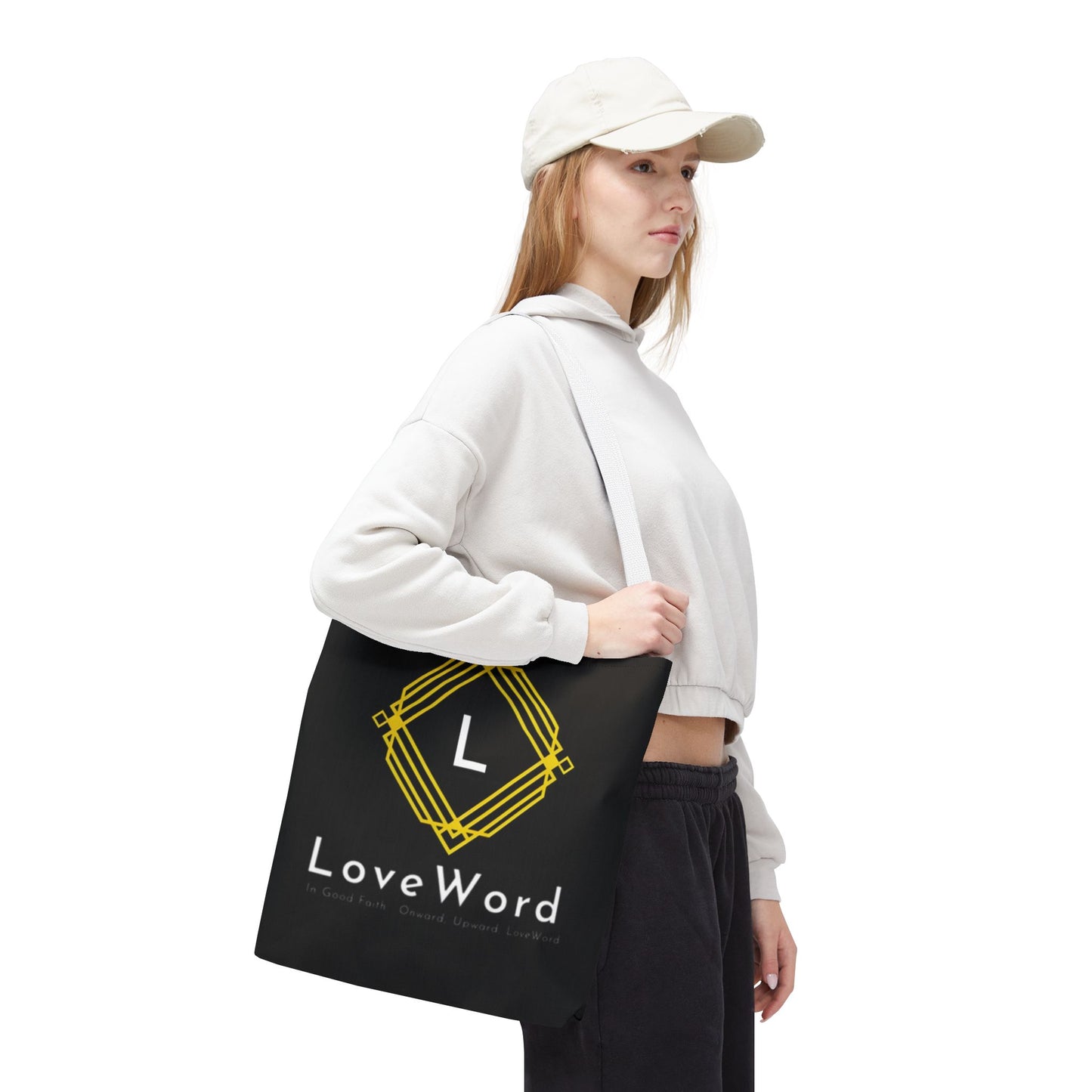 LoveWord Black Logo Tote Bag — Gold Geometric Monogram AOP Tote