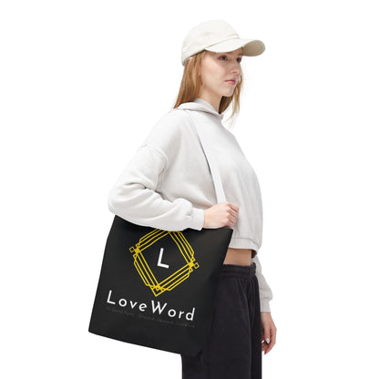 LoveWord Black Logo Tote Bag — Gold Geometric Monogram AOP Tote