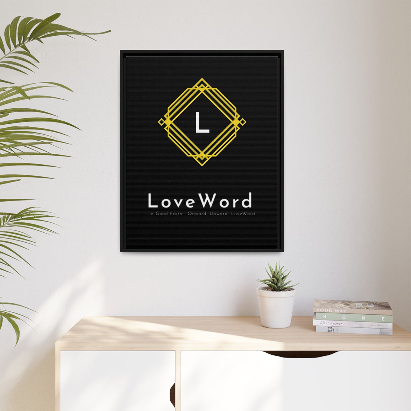 Framed Matte Canvas Art – LoveWord Gold Emblem on Black