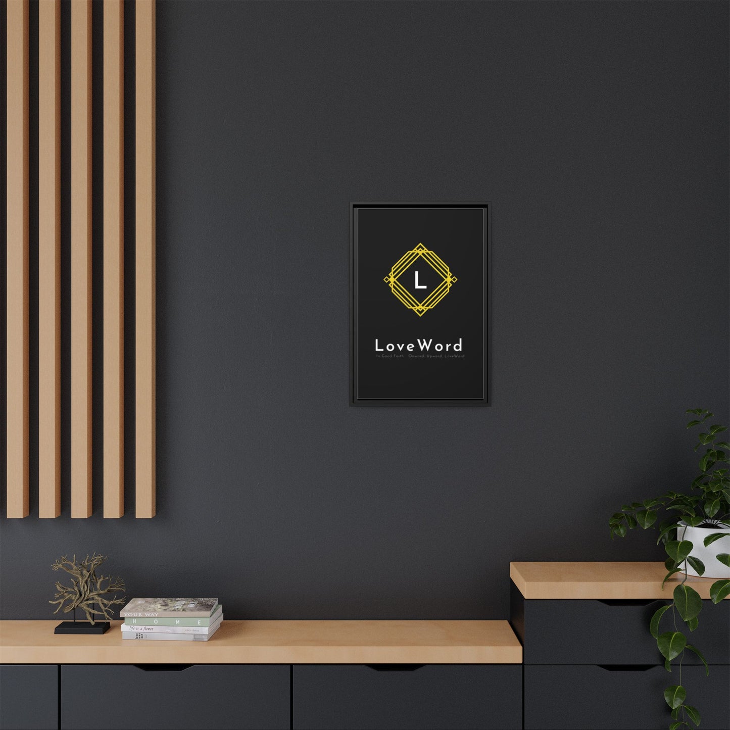 Framed Matte Canvas Art – LoveWord Gold Emblem on Black