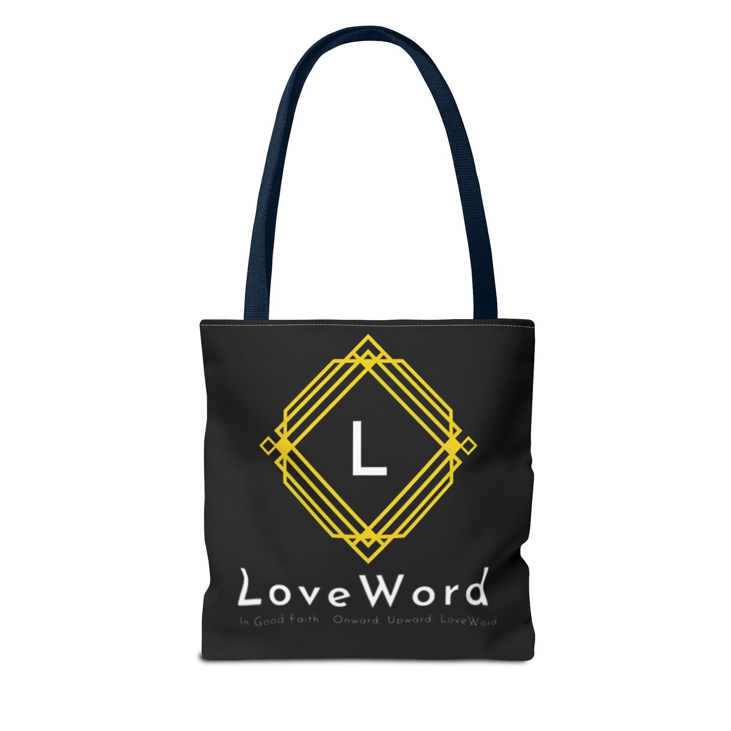 LoveWord Black Logo Tote Bag — Gold Geometric Monogram AOP Tote