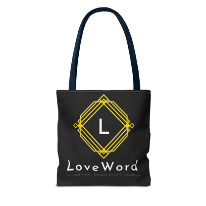 LoveWord Black Logo Tote Bag — Gold Geometric Monogram AOP Tote
