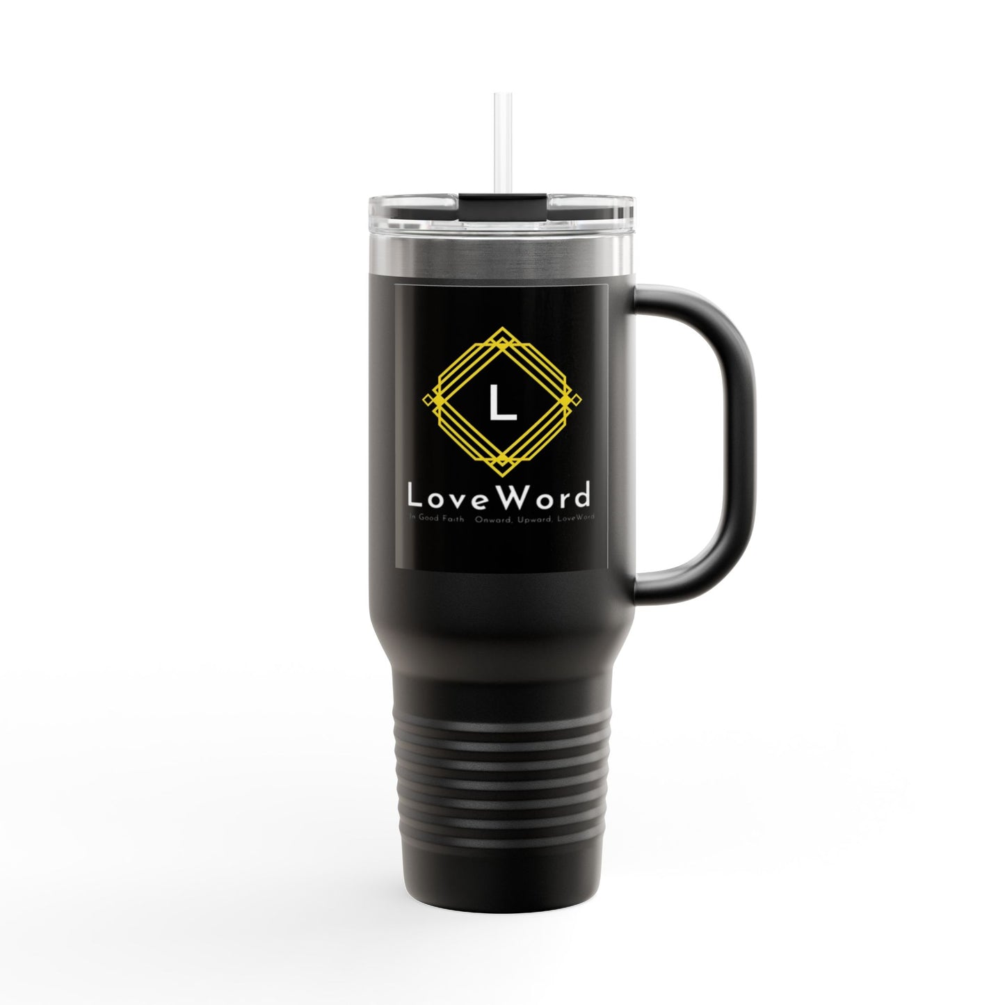 40oz Insulated Travel Mug with LoveWord Logo — Large Spill‑Resistant Tumbler with Straw & Handle