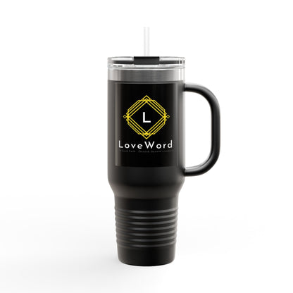 40oz Insulated Travel Mug with LoveWord Logo — Large Spill‑Resistant Tumbler with Straw & Handle
