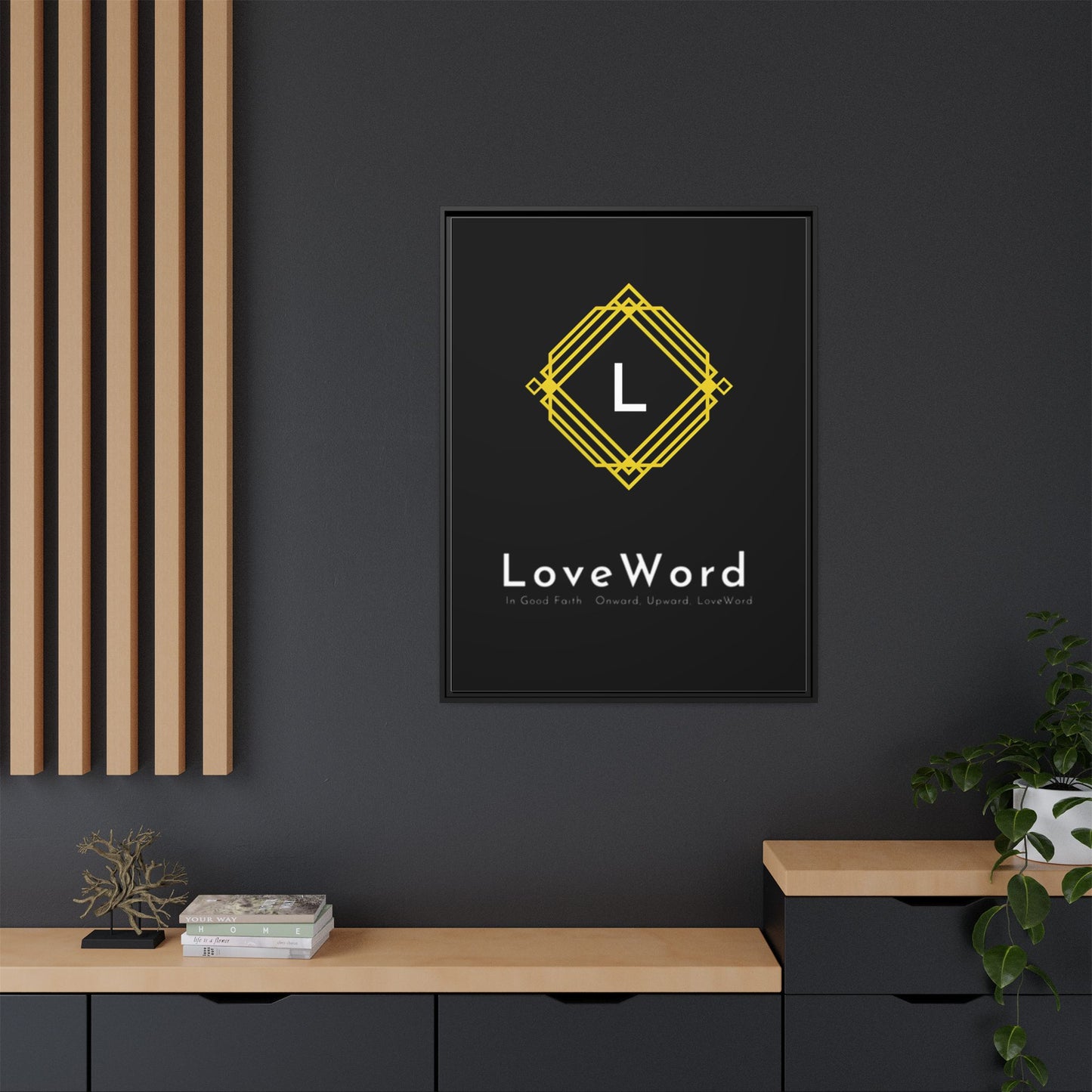 Framed Matte Canvas Art – LoveWord Gold Emblem on Black