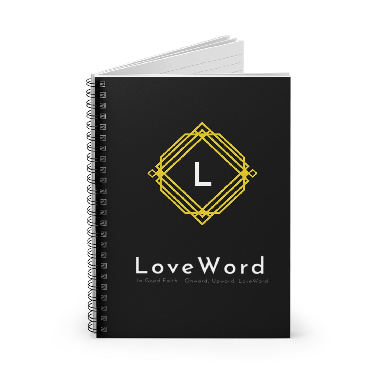 LoveWord Black Spiral Notebook — Gold Geometric Logo Ruled Journal