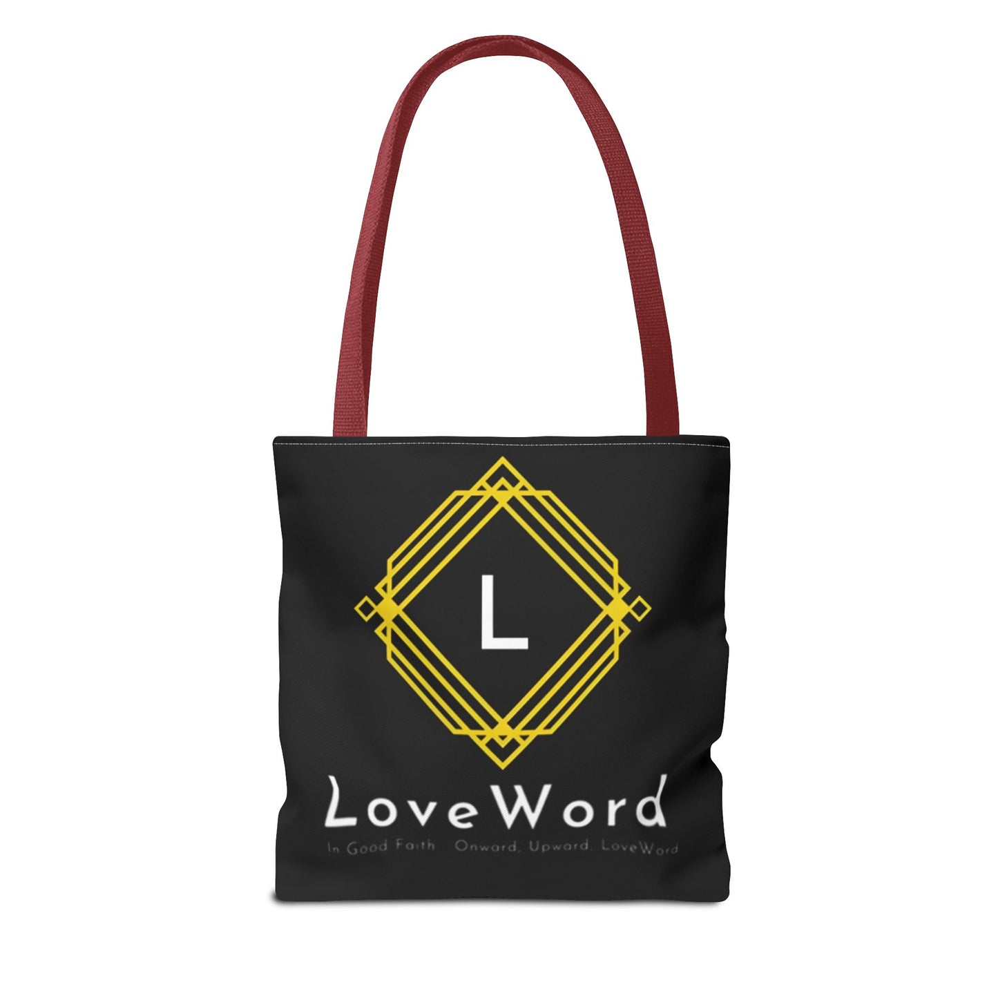 LoveWord Black Logo Tote Bag — Gold Geometric Monogram AOP Tote