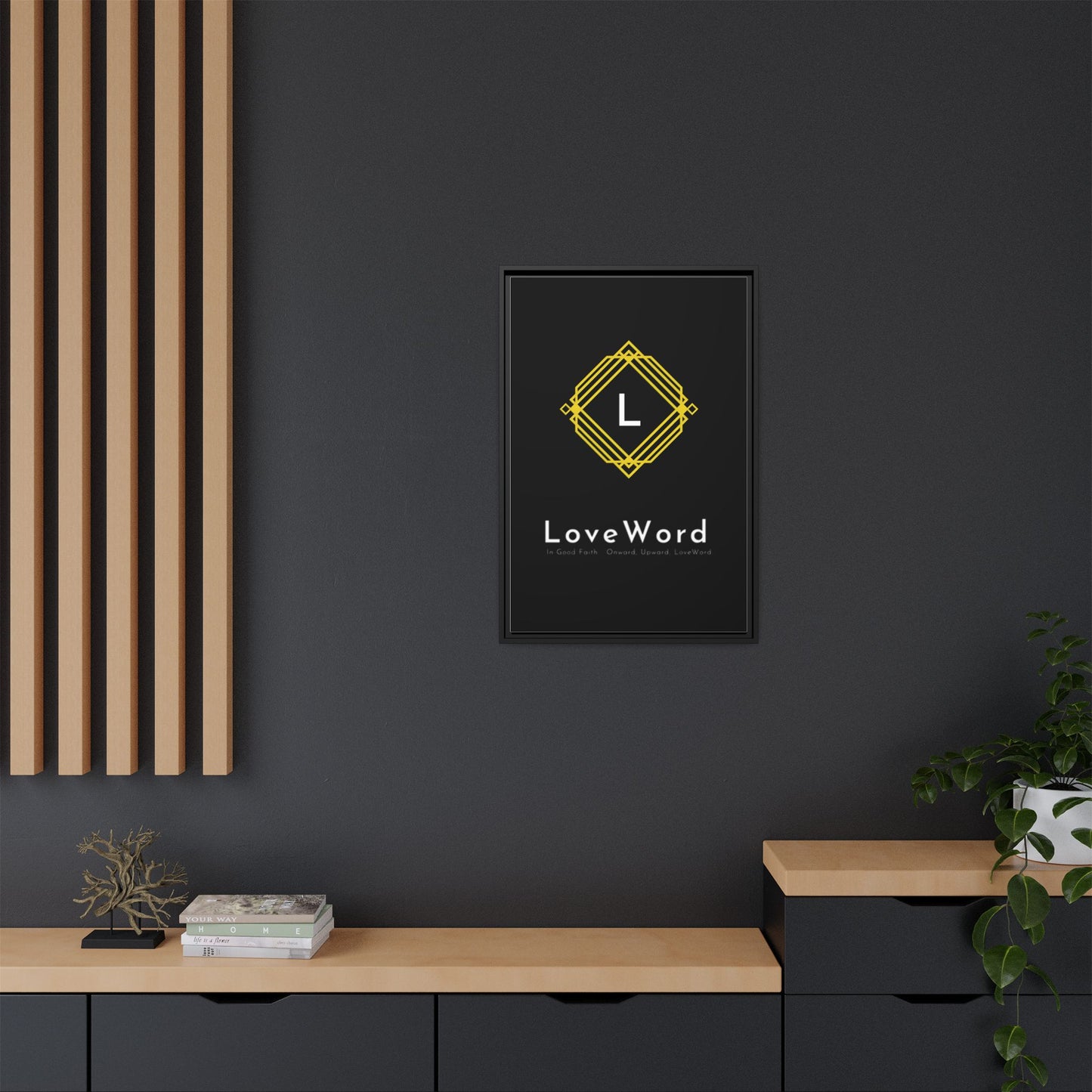 Framed Matte Canvas Art – LoveWord Gold Emblem on Black