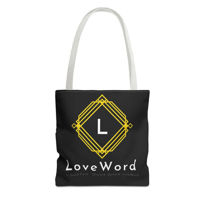 LoveWord Black Logo Tote Bag — Gold Geometric Monogram AOP Tote