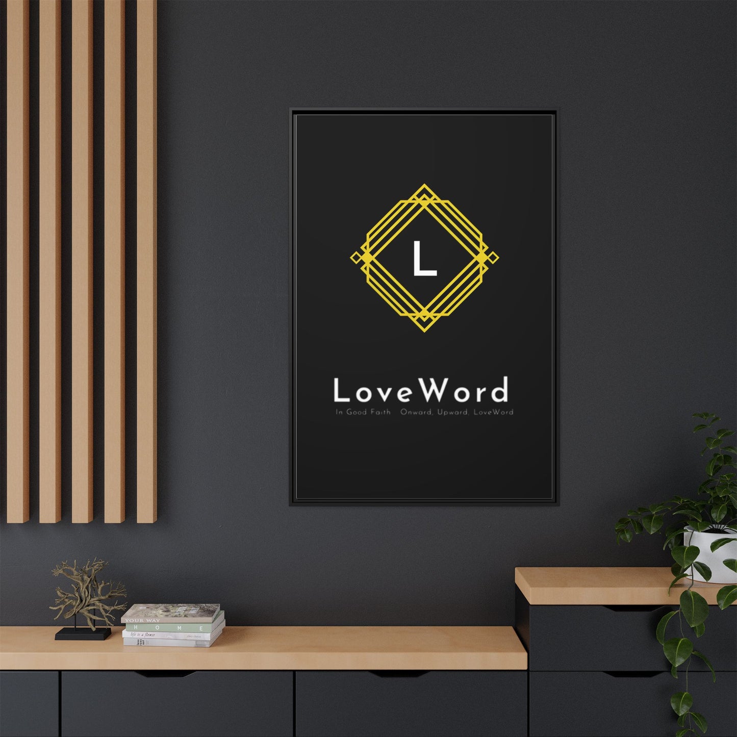 Framed Matte Canvas Art – LoveWord Gold Emblem on Black