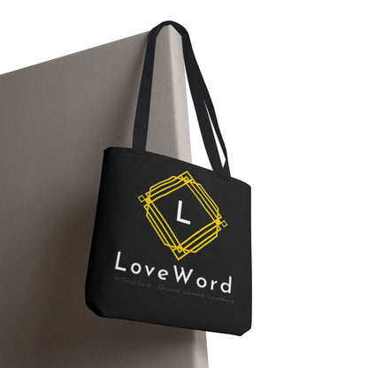 LoveWord Black Logo Tote Bag — Gold Geometric Monogram AOP Tote