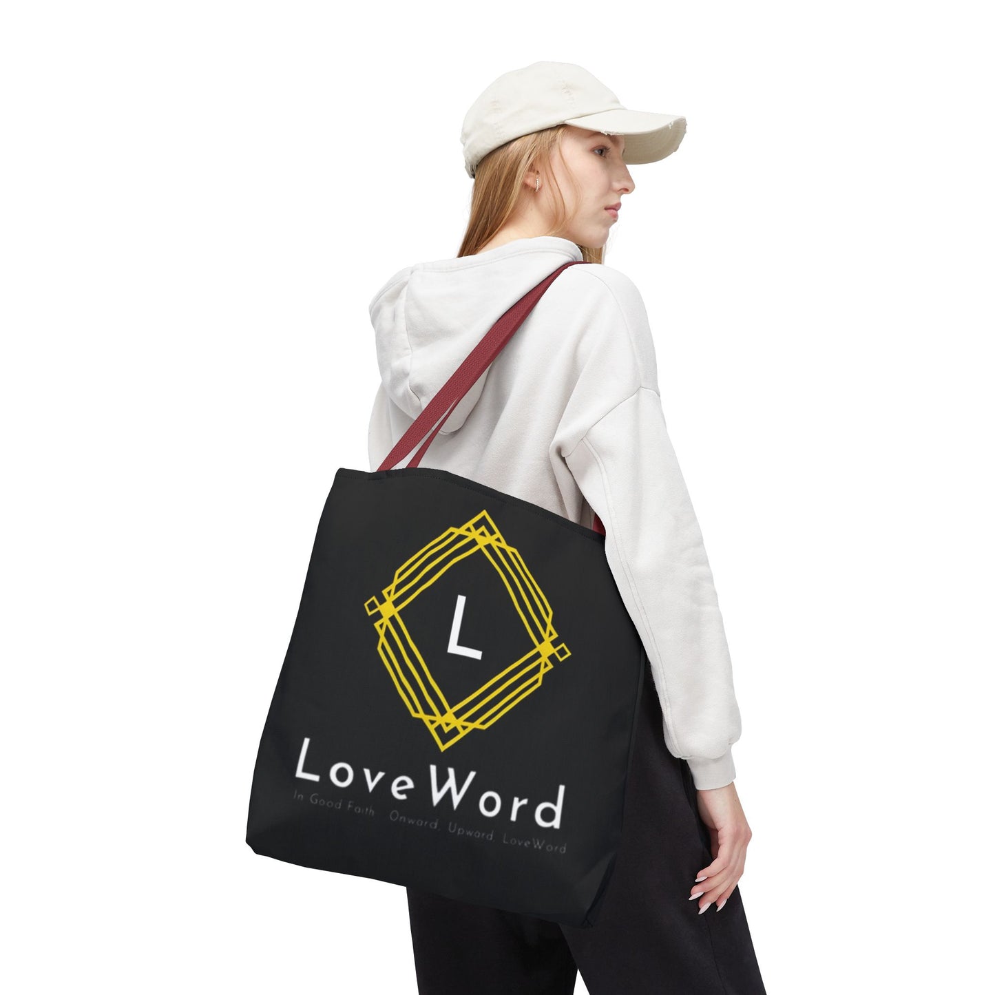 LoveWord Black Logo Tote Bag — Gold Geometric Monogram AOP Tote