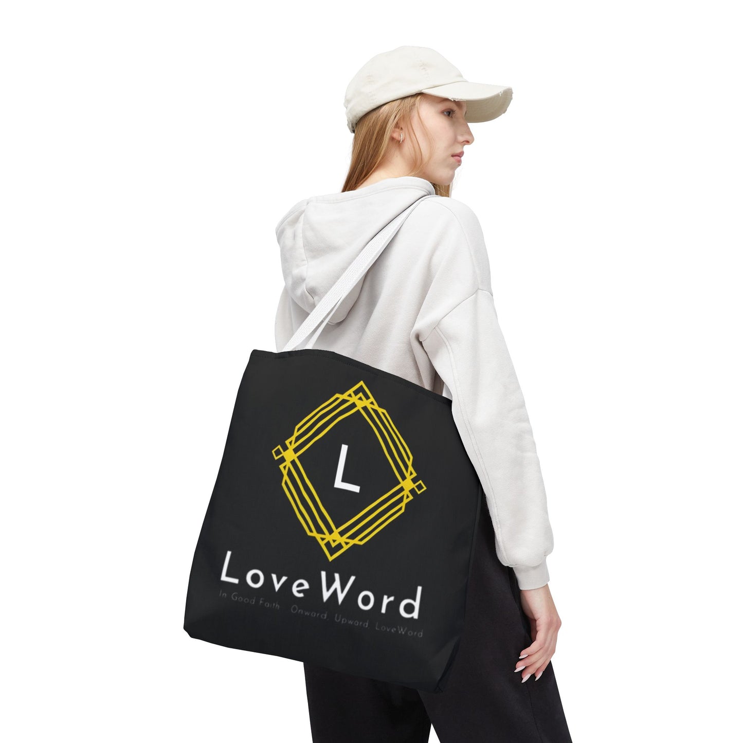 LoveWord Black Logo Tote Bag — Gold Geometric Monogram AOP Tote