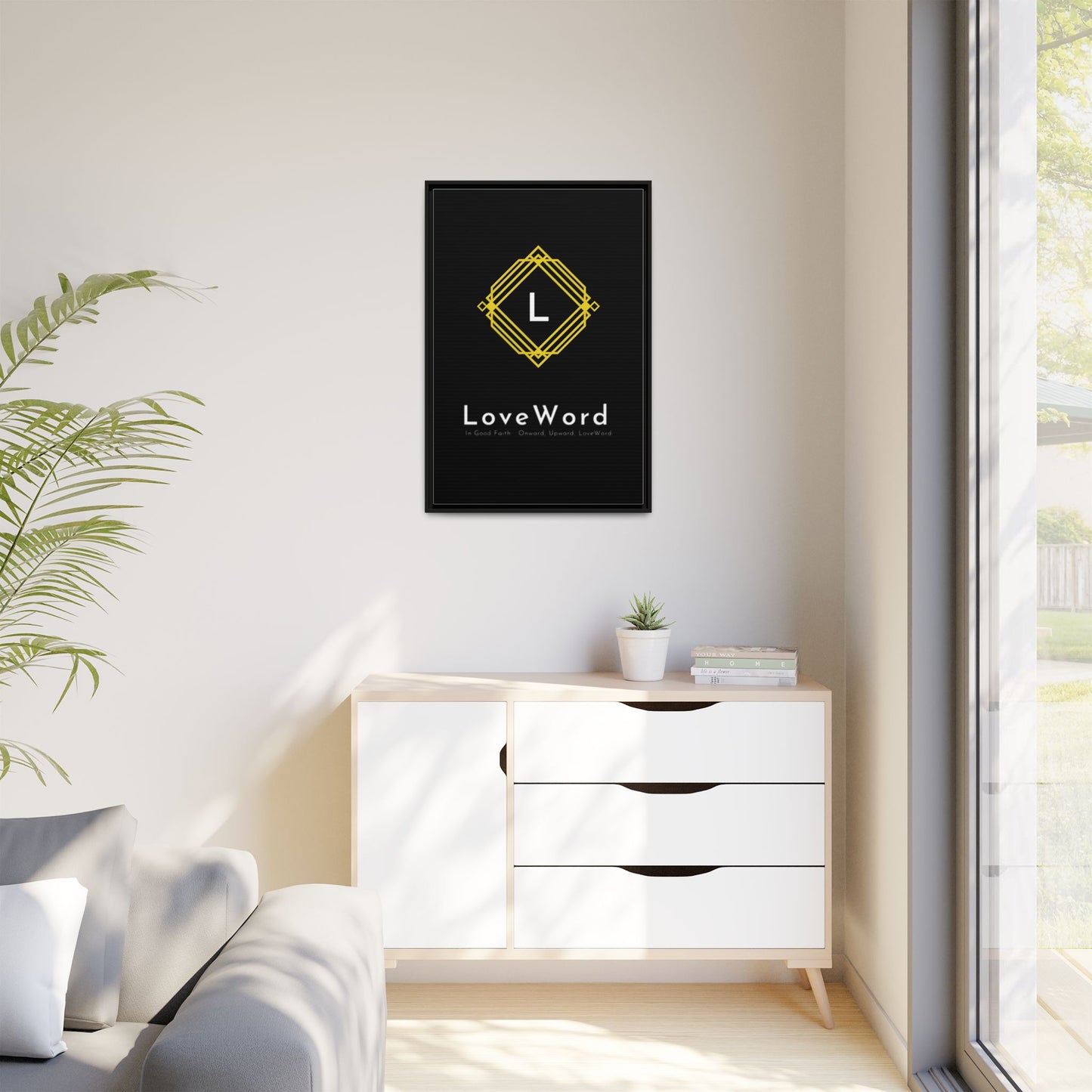Framed Matte Canvas Art – LoveWord Gold Emblem on Black