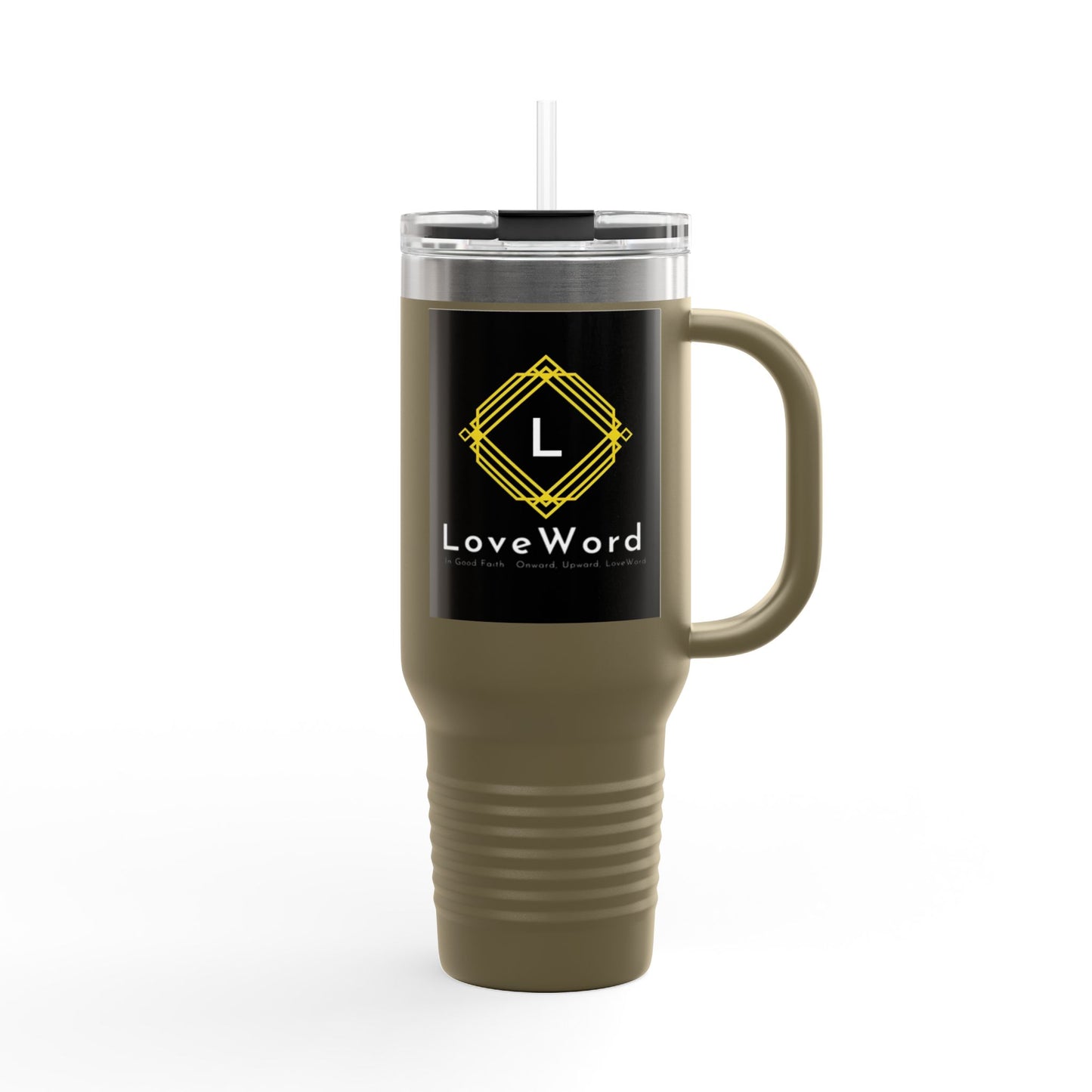 40oz Insulated Travel Mug with LoveWord Logo — Large Spill‑Resistant Tumbler with Straw & Handle