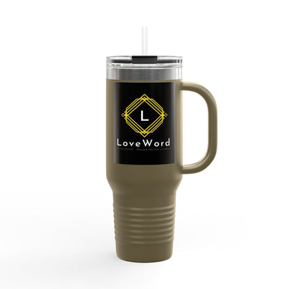 40oz Insulated Travel Mug with LoveWord Logo — Large Spill‑Resistant Tumbler with Straw & Handle