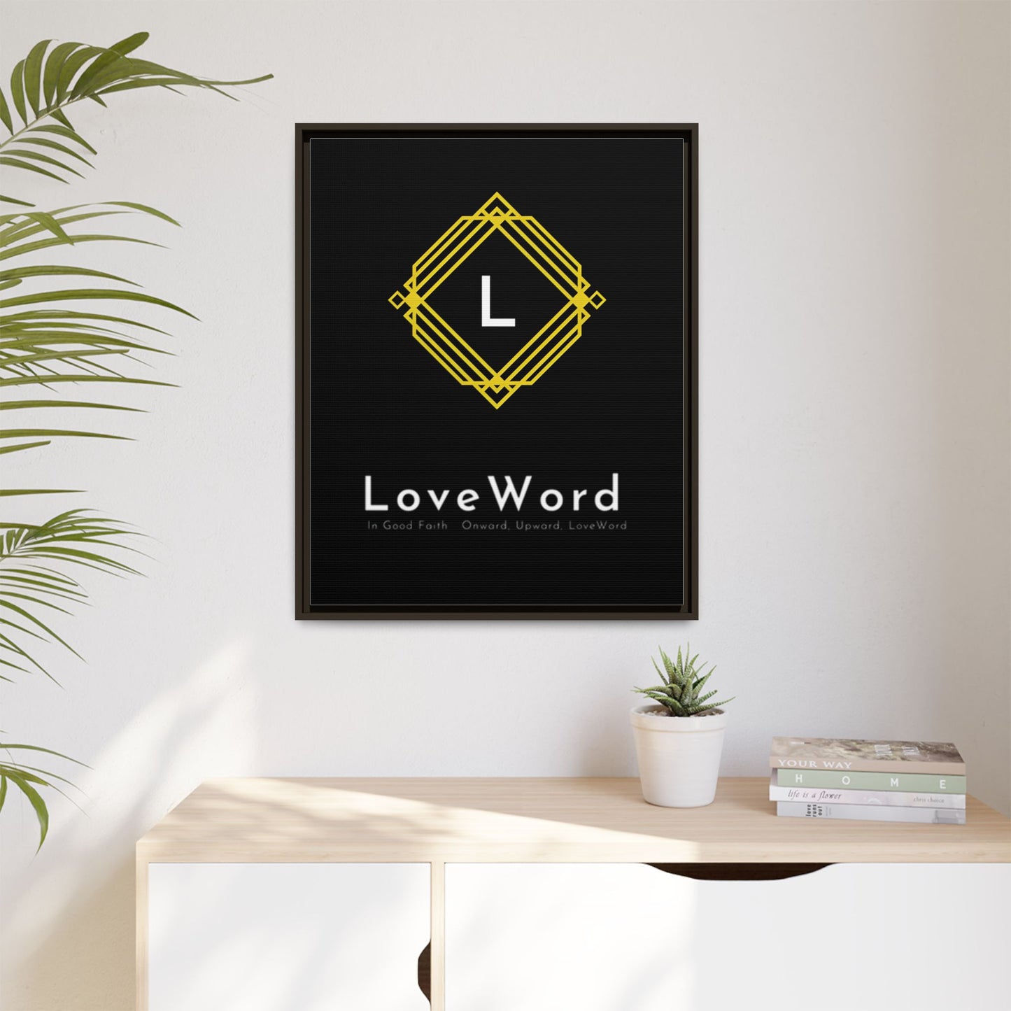 Framed Matte Canvas Art – LoveWord Gold Emblem on Black