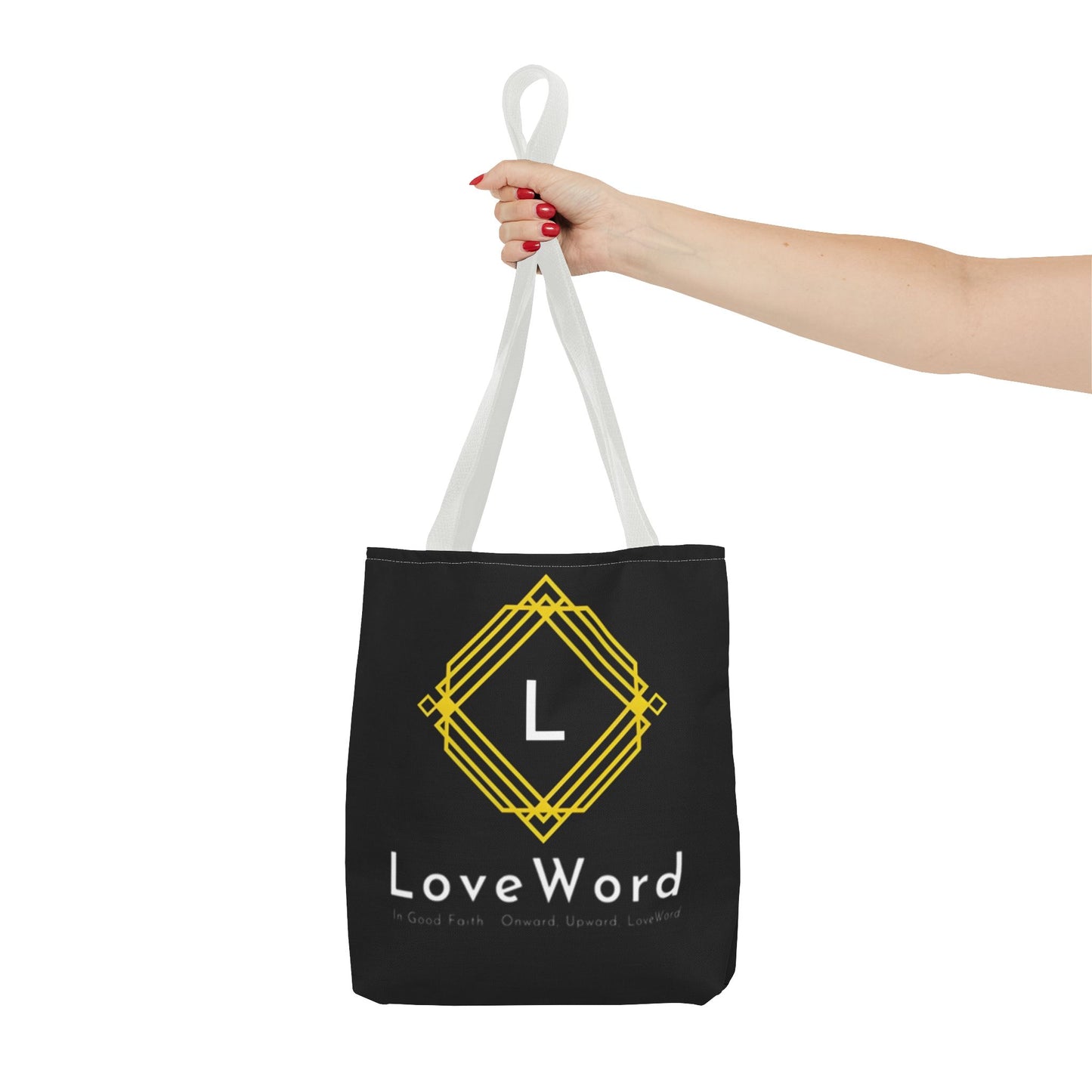 LoveWord Black Logo Tote Bag — Gold Geometric Monogram AOP Tote