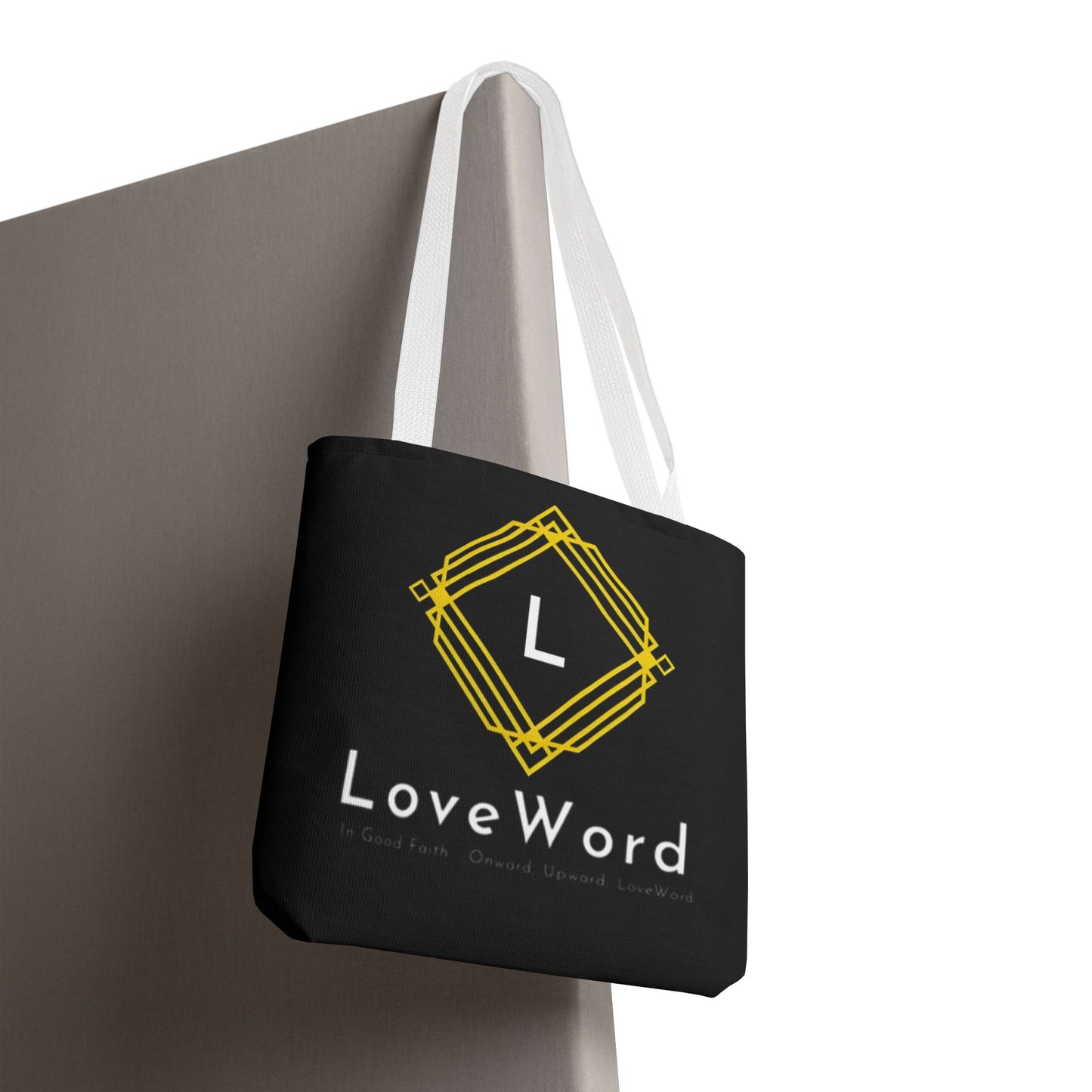 LoveWord Black Logo Tote Bag — Gold Geometric Monogram AOP Tote